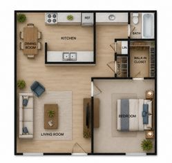 Modern floor plan showcasing a spacious one-bedroom layout with a stylish kitchen, cozy living room, dining area, and convenient walk-in closet. Elegant design perfect for urban living.