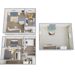 Modern 3D floor plan showcasing a two-story apartment with three bedrooms, spacious living room, and open kitchen area, ideal for comfortable living.