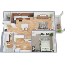 A 3-D image of a spacious 1-Bedroom floorplan