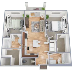A 3-D image of a spacious 2- Bedroom floorplan