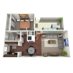 Modern 3D floor plan featuring a cozy bedroom, spacious living room, stylish kitchen, and chic dining area; perfect for urban living.