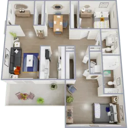2 bedroom 2 bathroom apartment floor plan with open kitchen and spacious living area