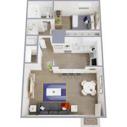 1 bedroom 1 bathroom apartment floor plan with open kitchen and spacious living area