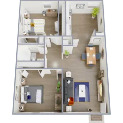 2 bedroom 1 bathroom apartment floor plan with open kitchen and spacious living area
