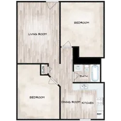 At 650 sq. ft., this two-bedroom home offers extra space for roommates, a home office, or a growing household &mdash; all on one level with no stairs. Features include an in-unit washer and dryer, covered parking, and a private patio, with the same wood-grain vinyl flooring and all-electric kitchen found throughout Albany.