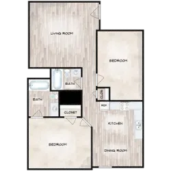 Our largest floor plan at 1,050 sq. ft., this two-bedroom, two-bathroom home is designed for comfortable single-story living with room to spread out. Each bedroom has easy access to its own bathroom, and the home includes an in-unit washer and dryer, covered parking, and a private patio &mdash; all just steps from Albany's dog park and community amenities.