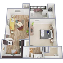 A1E Floor Plan, 1 Bed, 1 Bath, 617 SqFt