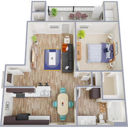 A2 Floor Plan, 1 Bed, 1 Bath, 747 SqFt