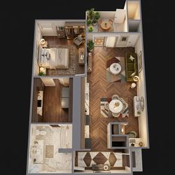 Elegant apartment floor plan showcasing a spacious bedroom, modern kitchen, stylish living area, and beautifully designed bathroom.
