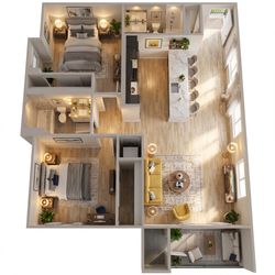 Elegant 3D floor plan featuring two cozy bedrooms, a modern open-concept kitchen with island seating, and a bright living area with large windows.