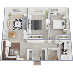 B1 - Two bedroom, one bath, 860 square foot apartment