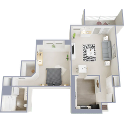 One bedroom, one bath, 709 square foot apartment