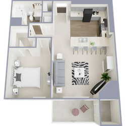 One bedroom, one bath, 729 square foot apartment