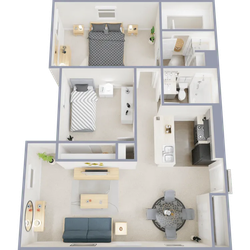 Two bedroom, two bath, 779 square foot apartment