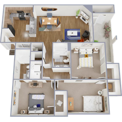 C1 - 1,264 square foot, three bedroom, two bath apartment