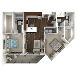 1,044 square foot two bedroom, two bath apartment home