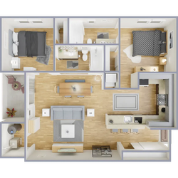 Modern 3D floor plan featuring two cozy bedrooms, elegant open-plan living and dining area, stylish kitchen, and private patio space.