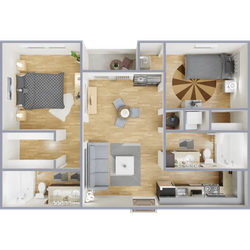 Modern 3D floor plan showcasing 2 bedrooms, an inviting open-concept living area, and a stylish kitchen with sleek appliances. Features two bathrooms for optimal convenience.