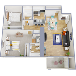 Vibrant floor plan displaying a stylish 2-bedroom apartment with open living space and modern kitchen.