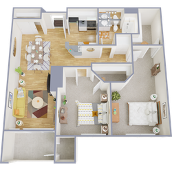 Contemporary 3D floor plan depicting 2 bedrooms, an inviting living room, and a modern kitchen.