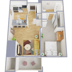 Modern floor plan highlighting a cozy bedroom, open kitchen with breakfast bar, and welcoming living room.