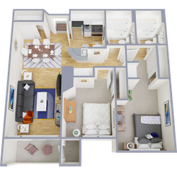 Modern 2D floor plan showcasing a 2-bedroom apartment with an open-concept living area, stylish dining space, and efficiently designed kitchen.