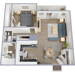 Three-dimensional floor plan of a stylish one-bedroom apartment featuring an open-concept living room and kitchen area.