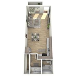 Contemporary 3D studio floor plan showcasing an open living, dining, and kitchen area with cozy furnishings.