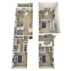 3D floor plan displaying a two-story design with multiple bedrooms, open living spaces, and cozy outdoor areas.