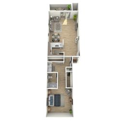 3D floor plan showcasing 1 bedroom, open living area, modern kitchen, and bathroom with contemporary design.