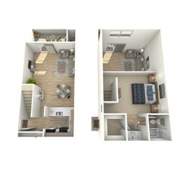 Modern duplex layout with open living area, kitchen, and cozy bedroom space.