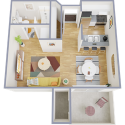 Bright 2D floor plan featuring a cozy living room, open kitchen, dining area, and bathroom.