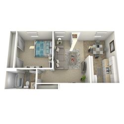 3D floor plan of an apartment featuring one bedroom, open living area, and modern kitchen.