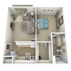 3D floor plan highlighting a cozy apartment with one bedroom, an inviting living area, a sleek kitchen, and a modern bathroom.