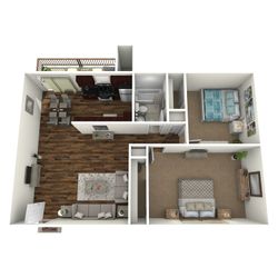 3D floor plan showcasing a modern apartment with two bedrooms, open-concept living area, and sleek kitchen.