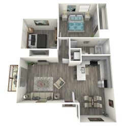 Sophisticated 3D floor plan highlighting 2 bedrooms, a modern kitchen, and a stylish living room with a balcony.