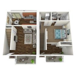 3D floor plan of a two-level apartment featuring an open living area, modern kitchen, bedroom, and two balconies.