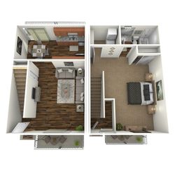 3D floor plan showcasing a duplex design with a comfortable living room, a modern kitchen, and an inviting bedroom.