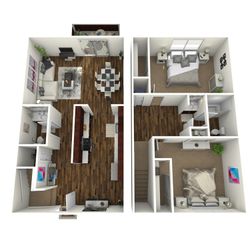 3D floor plan of a duplex featuring two bedrooms, a spacious living room, and an open kitchen area.