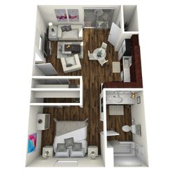 Inviting 3D floor plan featuring a master bedroom, open living area, and modern kitchen with hardwood floors.