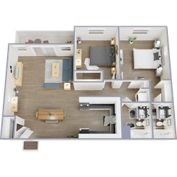 3D floor plan featuring two bedrooms, open living area, modern kitchen, and dual bathrooms.