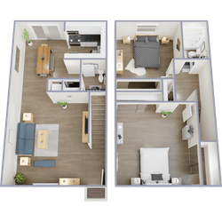 Elegant two-story floor plan showcasing an open living area, modern kitchen, and two bedrooms with ensuite baths.
