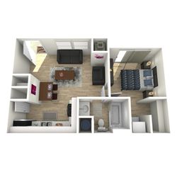 Modern 3D apartment layout showcasing 1 bedroom, cozy living area, stylish kitchen, and well-appointed bathroom.