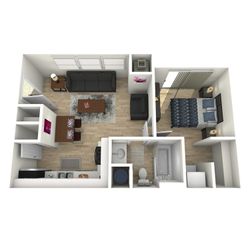 Modern 3D floor plan illustrating a cozy apartment with an inviting living room, sleek kitchen, and a comfortable bedroom, all designed for optimal space utilization.