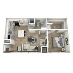 Modern 3D floor plan featuring a luxurious 1-bedroom apartment with an open kitchen, inviting living area, and a stylish bathroom.