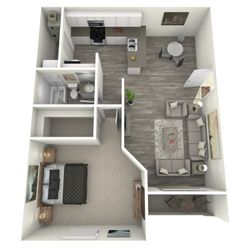 Sophisticated 3D floor plan showcasing a modern one-bedroom apartment with open-concept living and dining space, elegant kitchen, and cozy living area.