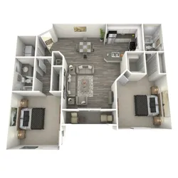 Contemporary 3D floor plan with 2 elegantly furnished bedrooms, modern kitchen, cozy living room, and two stylish bathrooms.