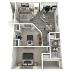 Modern 3D floor plan featuring 2 bedrooms, a cozy living room, open-concept kitchen, and stylish bathroom.