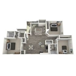 Modern 3D floor plan showcasing a spacious 3-bedroom apartment with open-concept living and dining area, stylish kitchen, and two bathrooms.