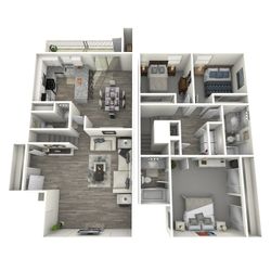 Modern two-story floor plan featuring three elegant bedrooms, spacious living area, stylish kitchen with island, and a cozy dining space. Beautifully designed for comfort and functionality.